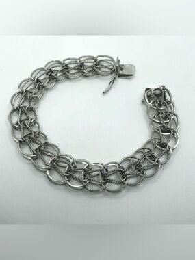 VTG Sterling Silver Woven Link Charm Bracelet Sliding Clasp 7.5” L / .5” W / 17g